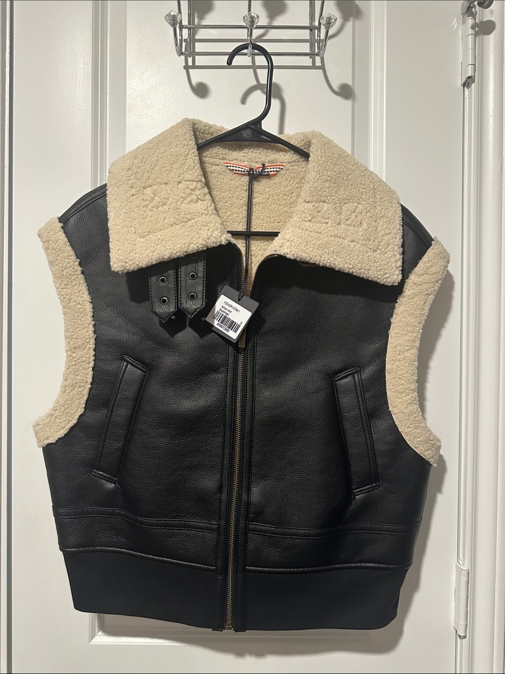 The Normal Brand Black Faux Leather Vest with Cream Shearling Collar
